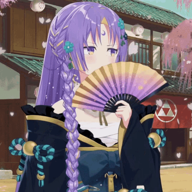 a girl with purple hair is holding a fan in her hand