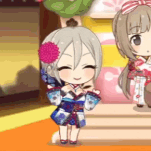 two anime girls are standing next to each other in a room . one of the girls is wearing a kimono .