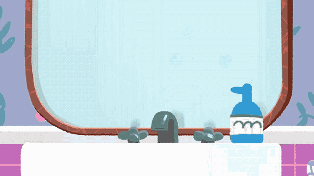 a cartoon drawing of a bathroom with a faucet and a soap dispenser