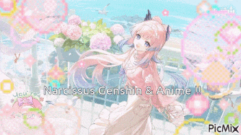 a picture of a girl with the words narcissus genshin & anime written above her