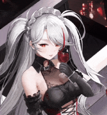 a girl with long white hair is holding a bottle