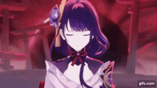a girl with purple hair is standing in a dark room with her eyes closed and a flower in her hair .