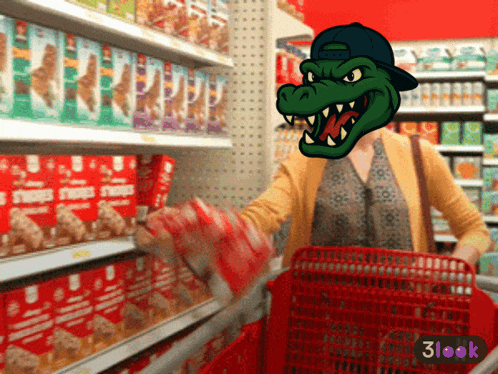 a woman is shopping in a store with a picture of a crocodile head on her head