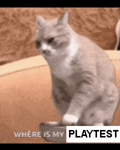 a cat is sitting on a couch with a bowl in front of it and says where is my playtest .