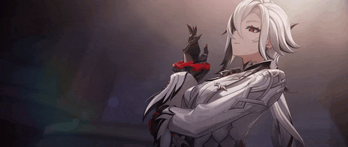 a girl with long white hair and red eyes is wearing a white jacket and gloves .