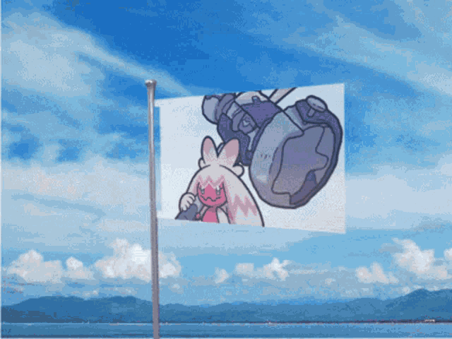 a flag with a picture of a robot and a rabbit on it is flying in the wind