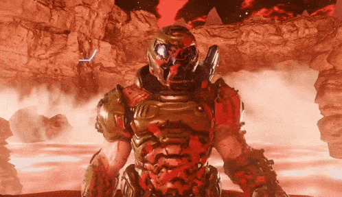 a video game character with a helmet on is standing in a cave