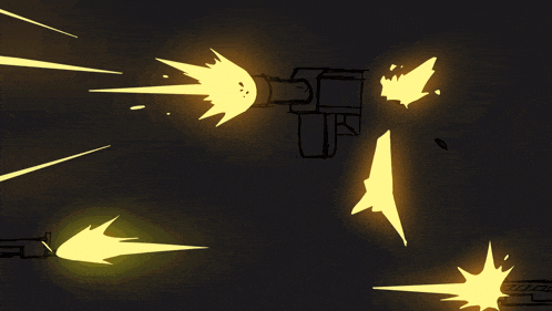 a drawing of a gun being fired with a yellow explosion behind it
