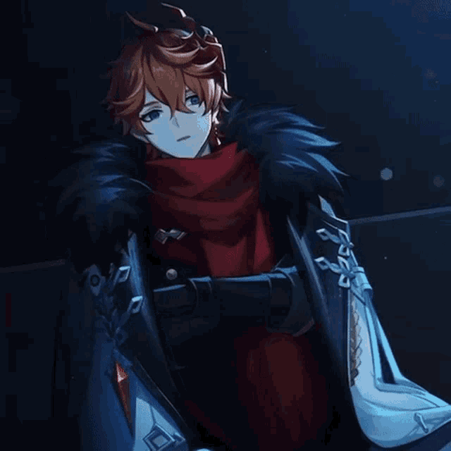 a boy with a red scarf around his neck is wearing a black jacket