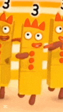 a group of cartoon characters are standing next to each other .