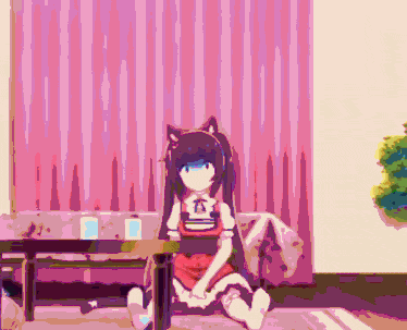a girl with cat ears sits on the floor in front of a pink curtain