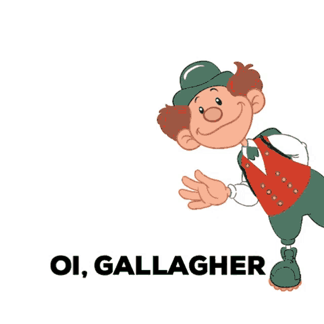 a cartoon of a clown with the words oi gallagher behind him