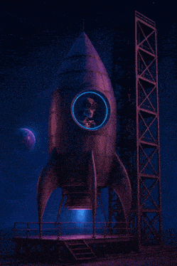 an illustration of a rocket taking off with a man in the window