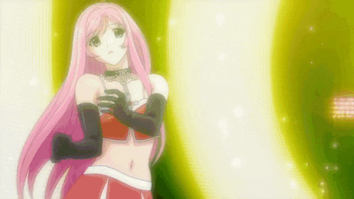a girl with long pink hair is holding a microphone