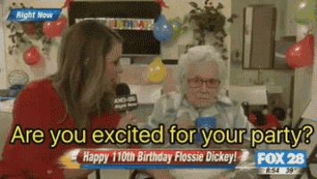 a woman talking into a microphone with the words " are you excited for your party " above her
