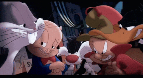 a group of cartoon characters are standing in front of a sign that says hero on it