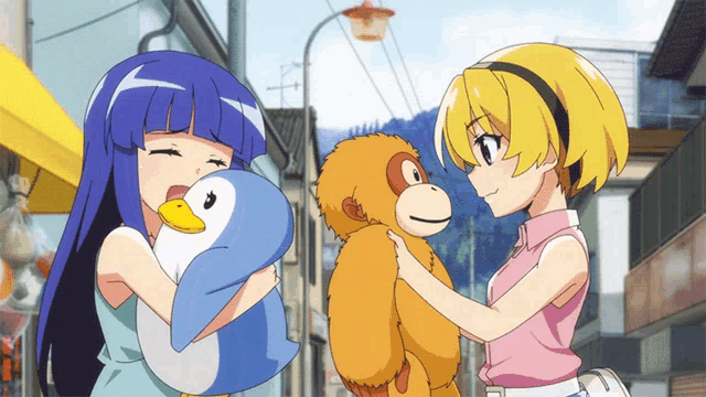 two anime girls are hugging a stuffed penguin and monkey