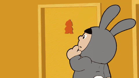 a cartoon character in a bunny costume walks between two yellow doors