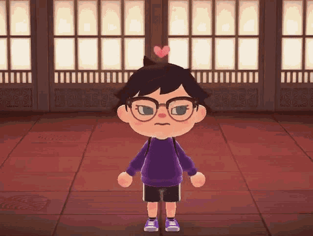 a cartoon character wearing glasses and a purple sweater