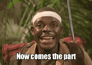 a man with a headband on his head is smiling and saying `` now comes the part ''