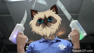 a man with a cat 's face on his shirt is holding two knives