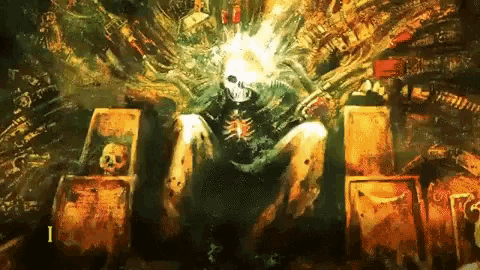 a painting of a skeleton sitting on a throne with the letter i in the lower right corner