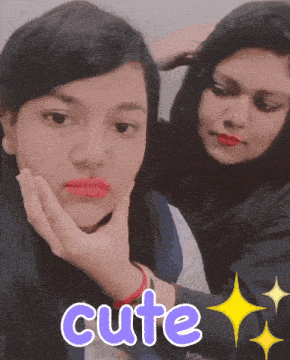 two women are posing for a picture and the word cute is on the bottom right