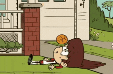 a cartoon character is laying on the ground with a basketball in front of a house .