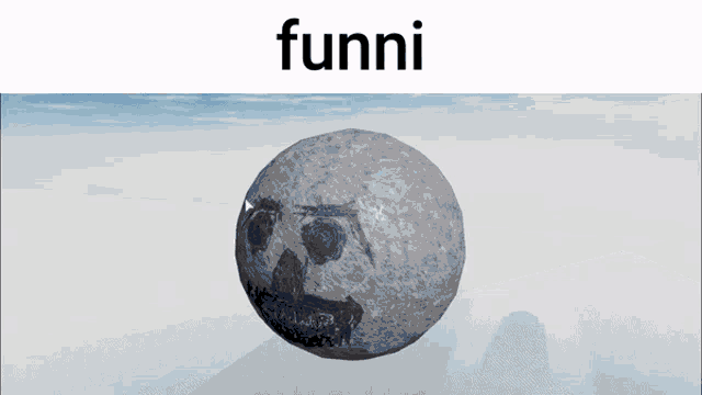 a 3d model of a rock with a face drawn on it and the word funni above it .