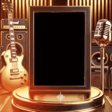a marshall guitar sits next to a microphone on a stage