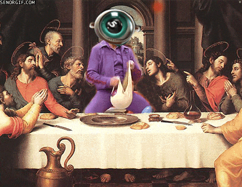 a painting of the last supper with a man in a purple suit holding a goose