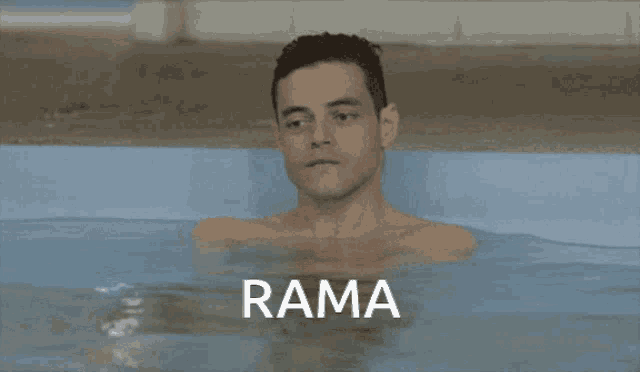 a man is swimming in a pool with the word rama written on the bottom