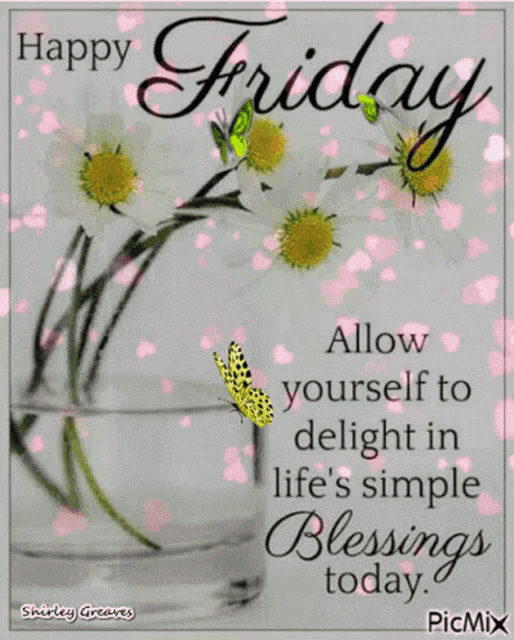a happy friday greeting card with flowers and a butterfly
