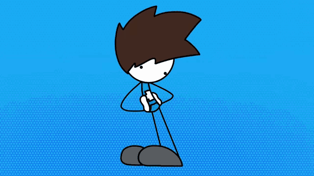 a cartoon character with brown hair and a blue shirt is looking at his watch