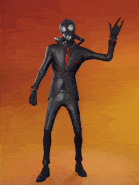 a cartoon character in a suit and gas mask dancing