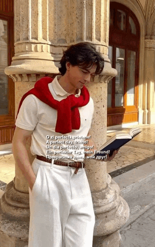 a man with a red scarf around his neck reads a book while leaning against a pillar