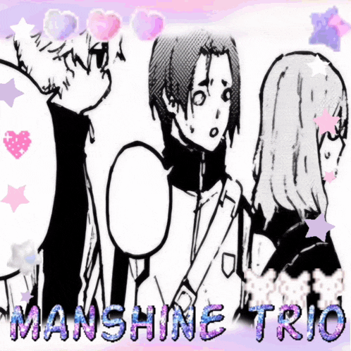 a man and two women are standing next to each other and the words manshine trio are visible
