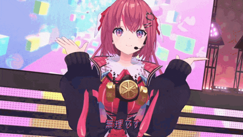 a girl with red hair and purple eyes is wearing a microphone on her head
