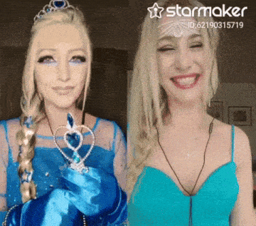 a woman in a blue dress and a woman in a blue top with starmaker on the bottom right