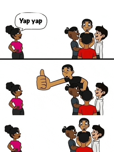 a cartoon of a woman giving a thumbs up to a man with a speech bubble that says yap yap