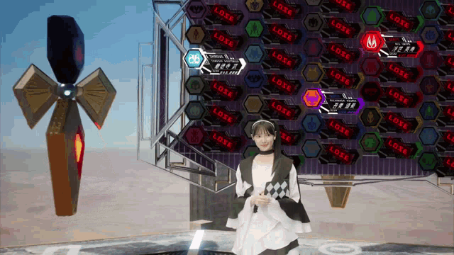 a girl stands in front of a wall that says lose on it