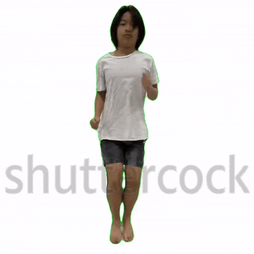 a girl in a white shirt and black shorts is running in front of a white background that says shutter cock