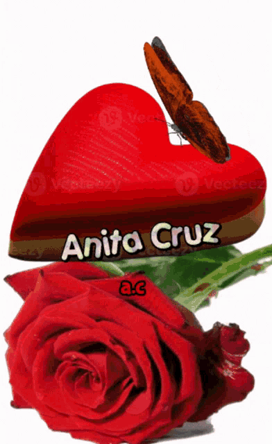 a red heart with the name anita cruz next to a rose