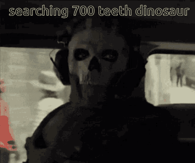 a man with a skull on his face is searching 700 teeth dinosaur