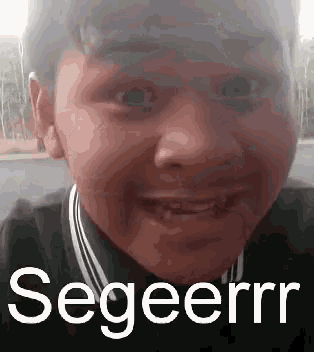 a close up of a young boy 's face with the word segeerr written on it .