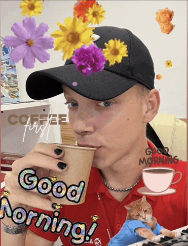 a man wearing a hat is drinking from a cup with the words good morning written on it