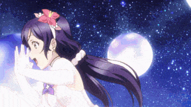 a girl with purple hair and a flower on her head