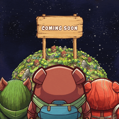 a sign that says " coming soon " on it in front of a planet