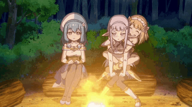 three anime characters are sitting around a fire in the woods