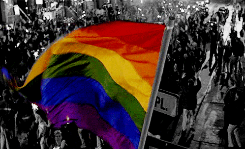 a rainbow flag is being waved in front of a crowd of people .